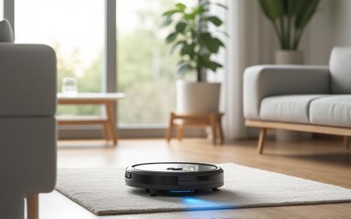 청소 중인 로봇청소기와 공기청정기가 있는 현대적인 거실